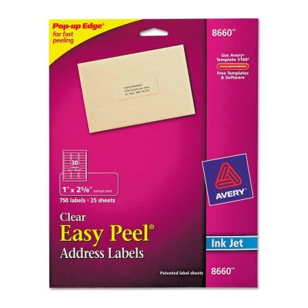 Avery Avery Easy Peel Inkjet Mailing Labels, 1 x 2-5/8, Clear, 750/Pack 8660